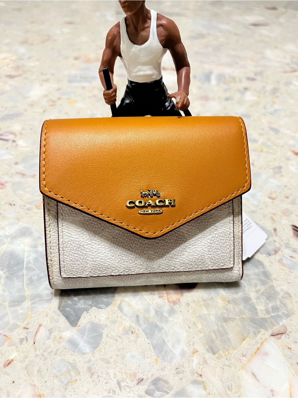 NWT Coach Small Wallet Colorblock Leather Card Case Brass/Chalk Pollen